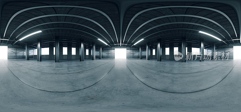 360 VR Grunge工作室展厅大空钢混凝土机库仓库谷仓巨大空间日光窗现代车间汽车车库仓库3D渲染